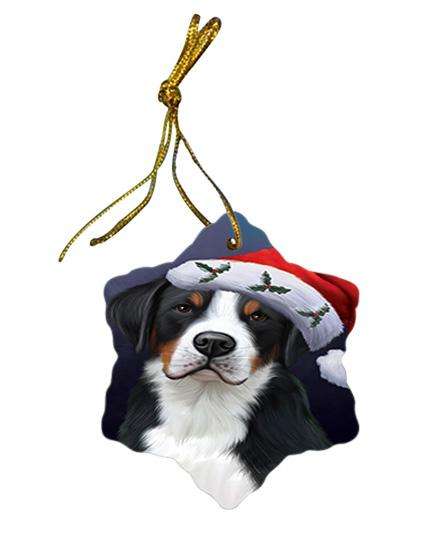 Christmas Holidays Greater Swiss Mountain Dog Wearing Santa Hat Portrait Head Star Porcelain Ornament SPOR53489