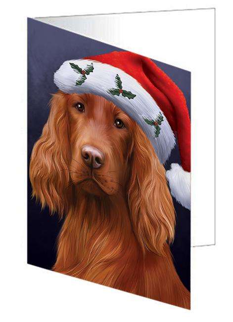 Christmas Holidays Irish Setter Dog Wearing Santa Hat Portrait Head Handmade Artwork Assorted Pets Greeting Cards and Note Cards with Envelopes for All Occasions and Holiday Seasons GCD64526