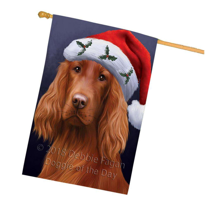 Christmas Holidays Irish Setter Dog Wearing Santa Hat Portrait Head House Flag FLG53697