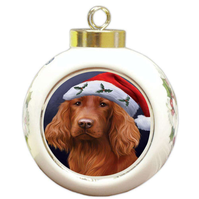Christmas Holidays Irish Setter Dog Wearing Santa Hat Portrait Head Round Ball Christmas Ornament RBPOR53499