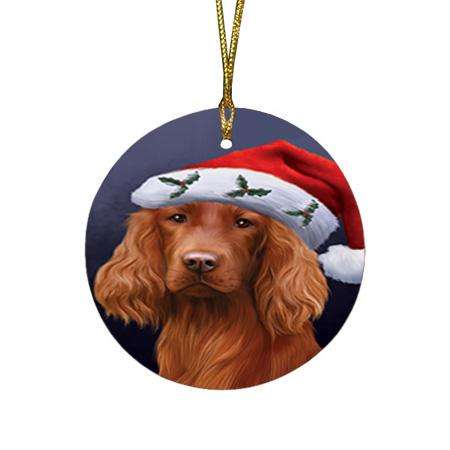 Christmas Holidays Irish Setter Dog Wearing Santa Hat Portrait Head Round Flat Christmas Ornament RFPOR53490