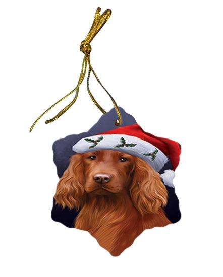 Christmas Holidays Irish Setter Dog Wearing Santa Hat Portrait Head Star Porcelain Ornament SPOR53490