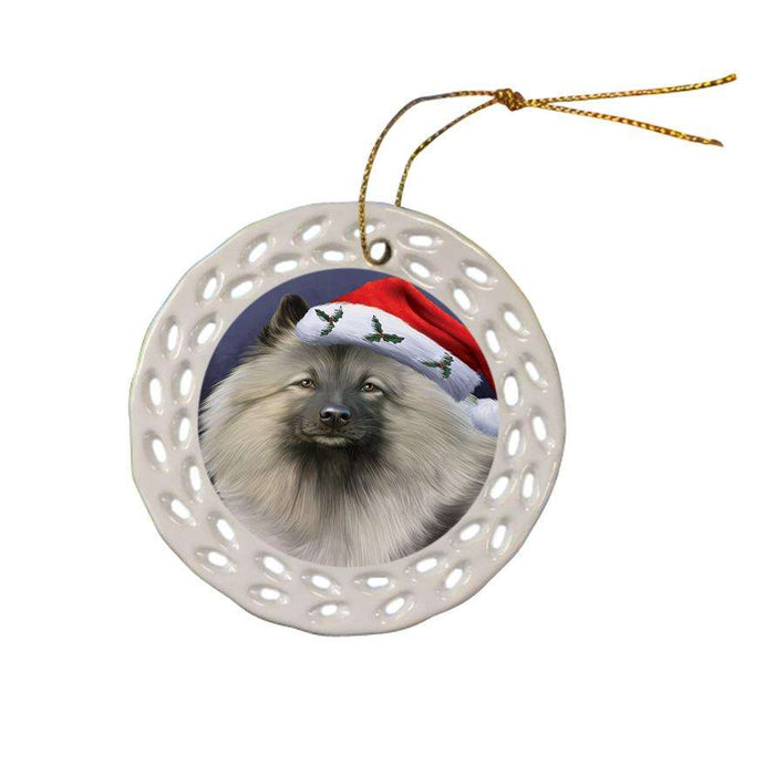 Christmas Holidays Keeshond Dog Wearing Santa Hat Portrait Head Ceramic Doily Ornament DPOR53500