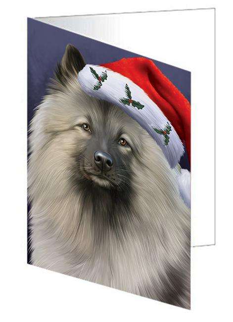 Christmas Holidays Keeshond Dog Wearing Santa Hat Portrait Head Handmade Artwork Assorted Pets Greeting Cards and Note Cards with Envelopes for All Occasions and Holiday Seasons GCD64529