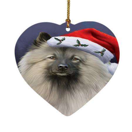 Christmas Holidays Keeshond Dog Wearing Santa Hat Portrait Head Heart Christmas Ornament HPOR53500