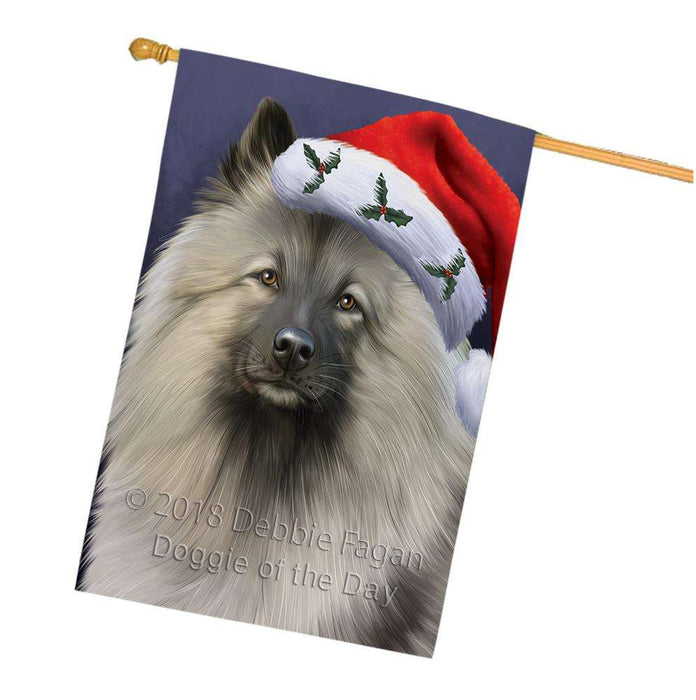 Christmas Holidays Keeshond Dog Wearing Santa Hat Portrait Head House Flag FLG53698