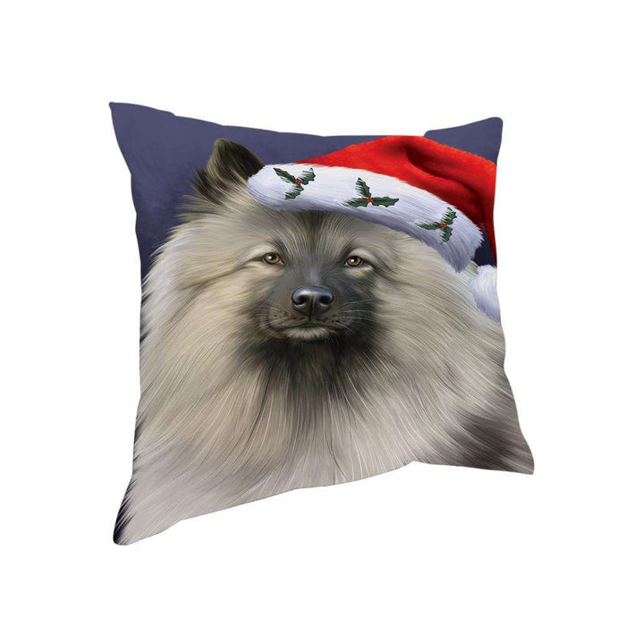 Christmas Holidays Keeshond Dog Wearing Santa Hat Portrait Head Pillow PIL70624