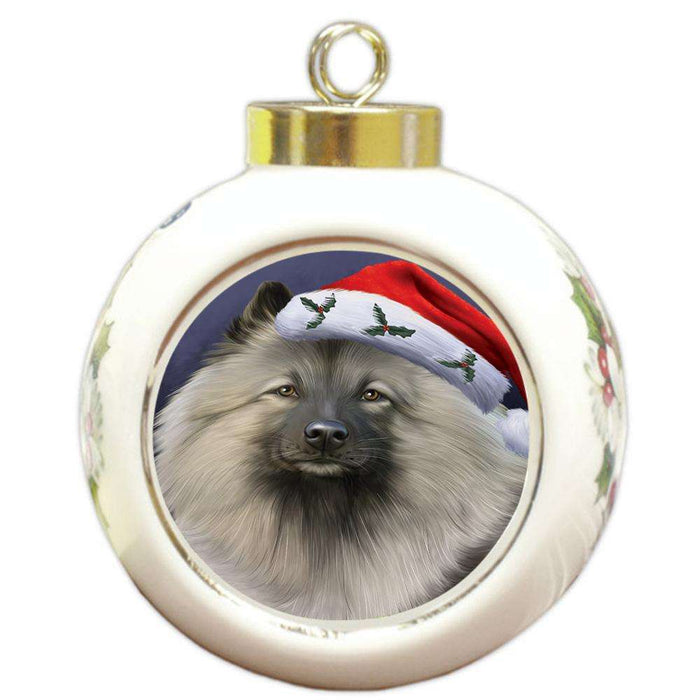 Christmas Holidays Keeshond Dog Wearing Santa Hat Portrait Head Round Ball Christmas Ornament RBPOR53500