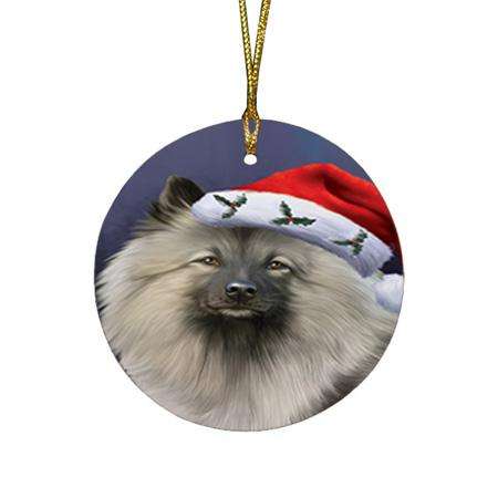 Christmas Holidays Keeshond Dog Wearing Santa Hat Portrait Head Round Flat Christmas Ornament RFPOR53491