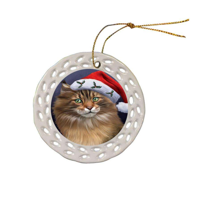 Christmas Holidays Maine Coon Cat Wearing Santa Hat Portrait Head Ceramic Doily Ornament DPOR53501