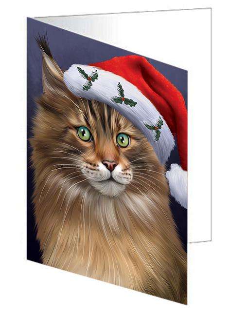 Christmas Holidays Maine Coon Cat Wearing Santa Hat Portrait Head Handmade Artwork Assorted Pets Greeting Cards and Note Cards with Envelopes for All Occasions and Holiday Seasons GCD64532