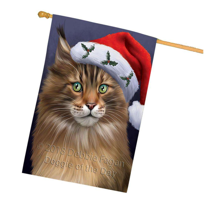Christmas Holidays Maine Coon Cat Wearing Santa Hat Portrait Head House Flag FLG53699