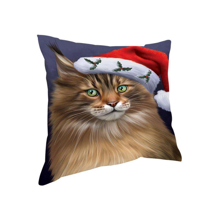 Christmas Holidays Maine Coon Cat Wearing Santa Hat Portrait Head Pillow PIL70628