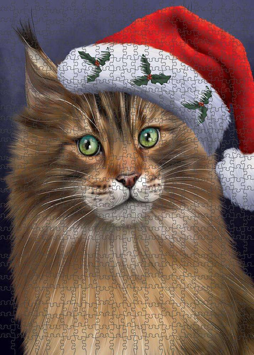 Christmas Holidays Maine Coon Cat Wearing Santa Hat Portrait Head Puzzle with Photo Tin PUZL81160