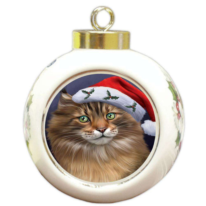 Christmas Holidays Maine Coon Cat Wearing Santa Hat Portrait Head Round Ball Christmas Ornament RBPOR53501
