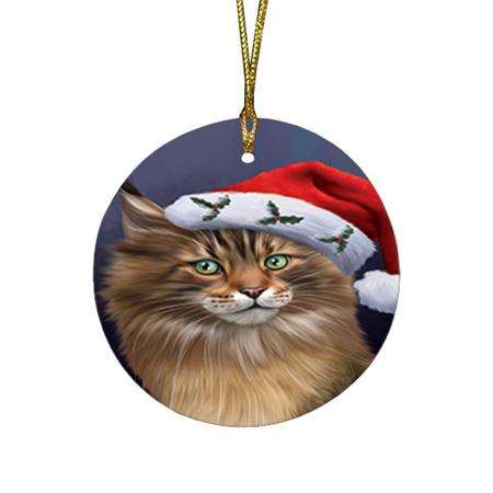 Christmas Holidays Maine Coon Cat Wearing Santa Hat Portrait Head Round Flat Christmas Ornament RFPOR53492
