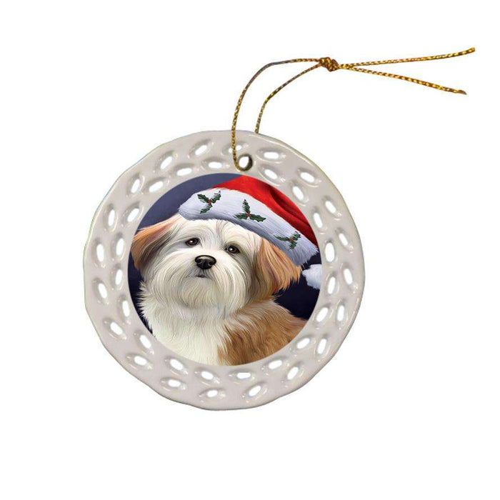 Christmas Holidays Malti Tzu Dog Wearing Santa Hat Portrait Head Ceramic Doily Ornament DPOR53502