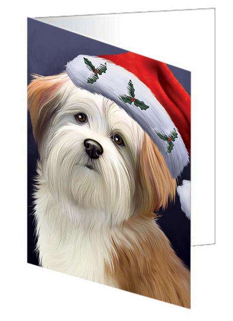 Christmas Holidays Malti Tzu Dog Wearing Santa Hat Portrait Head Handmade Artwork Assorted Pets Greeting Cards and Note Cards with Envelopes for All Occasions and Holiday Seasons GCD64535