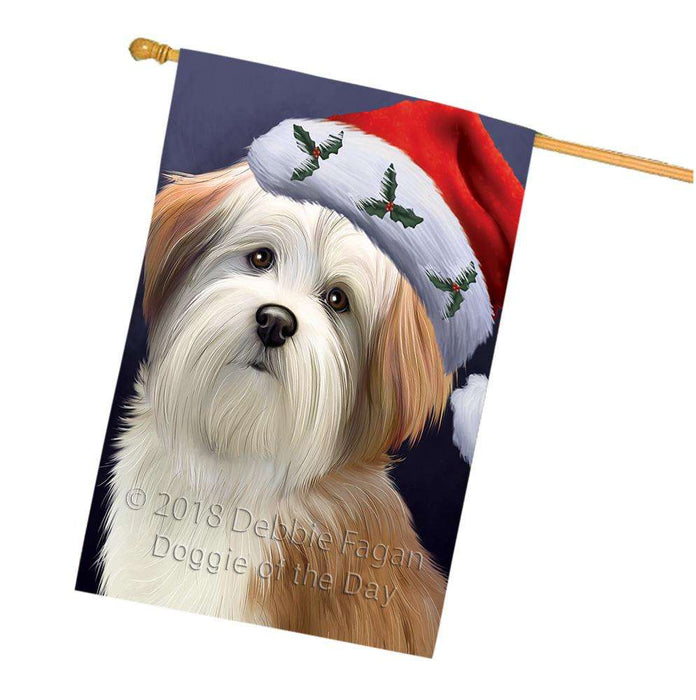 Christmas Holidays Malti Tzu Dog Wearing Santa Hat Portrait Head House Flag FLG53700