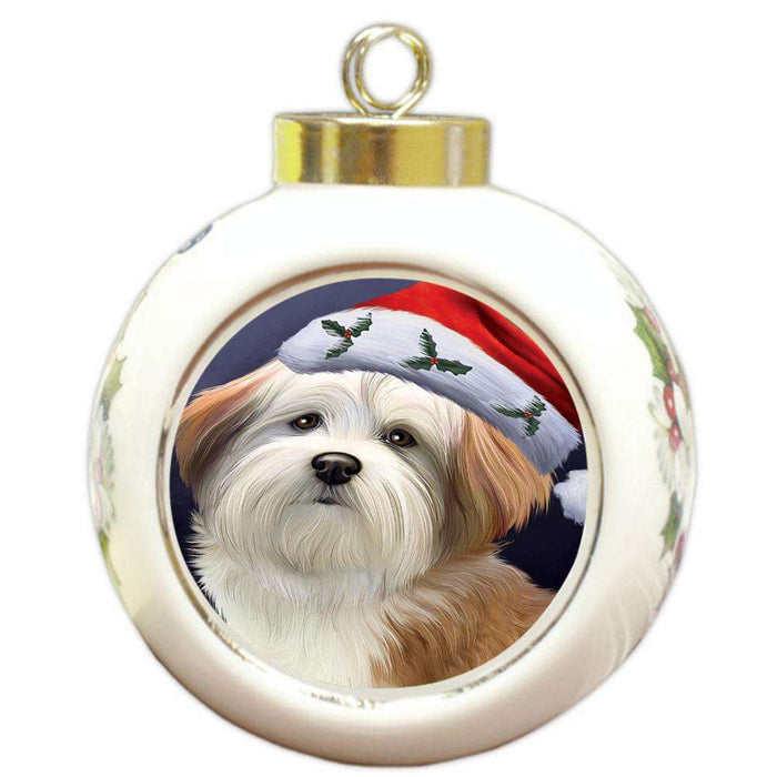 Christmas Holidays Malti Tzu Dog Wearing Santa Hat Portrait Head Round Ball Christmas Ornament RBPOR53502