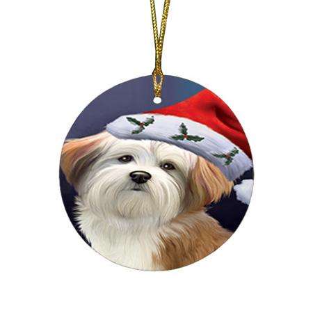 Christmas Holidays Malti Tzu Dog Wearing Santa Hat Portrait Head Round Flat Christmas Ornament RFPOR53493