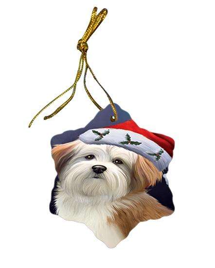 Christmas Holidays Malti Tzu Dog Wearing Santa Hat Portrait Head Star Porcelain Ornament SPOR53493