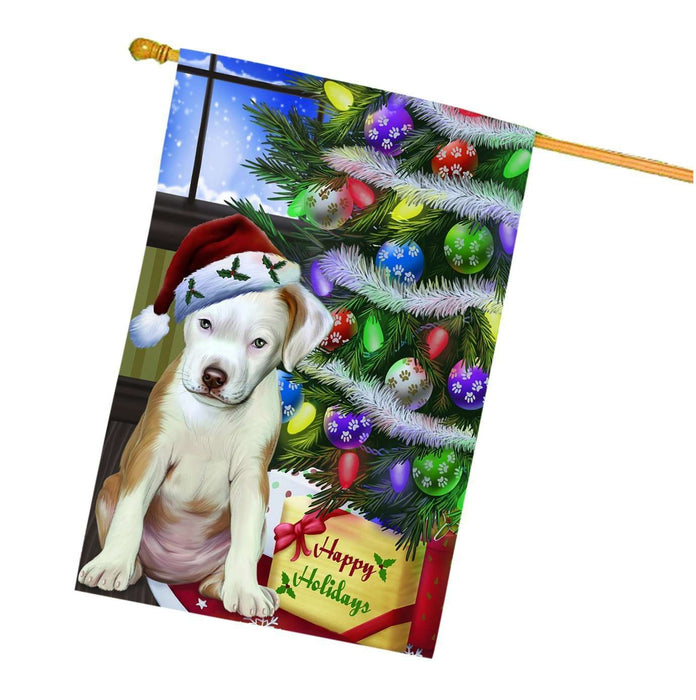 Christmas Holidays Pit Bull Dog Wearing Santa Hat with Tree and Presents House Flag HFLG001