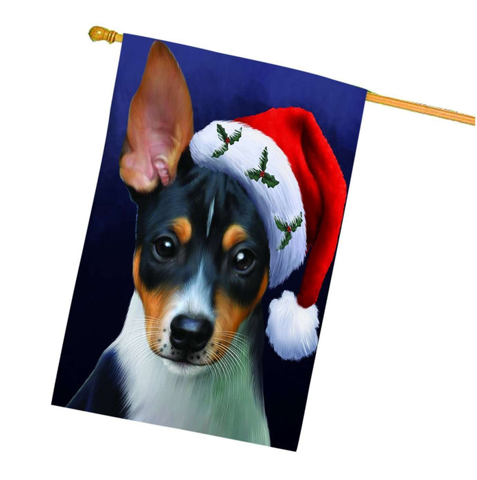 Christmas Holidays Rat Terrier Dog Wearing Santa Hat Portrait Head House Flag FLG101