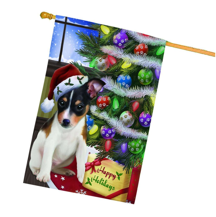 Christmas Holidays Rat Terrier Dog Wearing Santa Hat with Tree and Presents House Flag HFLG002