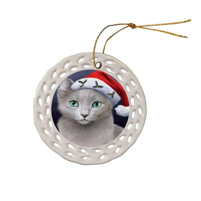 Christmas Holidays Russian Blue Cat Wearing Santa Hat Portrait Head Ceramic Doily Ornament DPOR53503