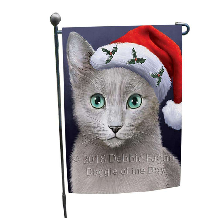 Christmas Holidays Russian Blue Cat Wearing Santa Hat Portrait Head Garden Flag GFLG53565