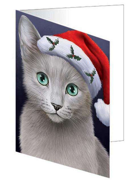 Christmas Holidays Russian Blue Cat Wearing Santa Hat Portrait Head Handmade Artwork Assorted Pets Greeting Cards and Note Cards with Envelopes for All Occasions and Holiday Seasons GCD64538