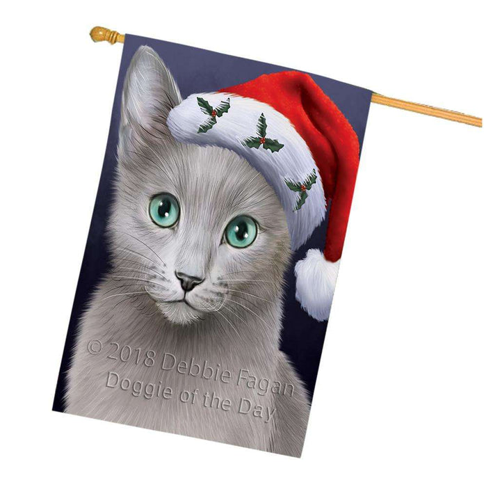 Christmas Holidays Russian Blue Cat Wearing Santa Hat Portrait Head House Flag FLG53701