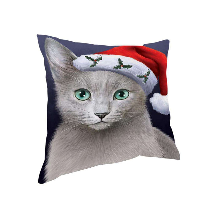 Christmas Holidays Russian Blue Cat Wearing Santa Hat Portrait Head Pillow PIL70636