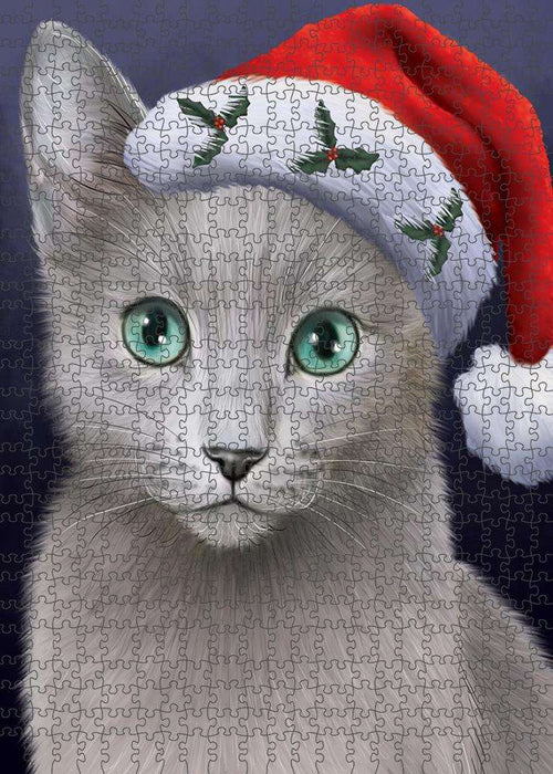 Christmas Holidays Russian Blue Cat Wearing Santa Hat Portrait Head Puzzle with Photo Tin PUZL81168