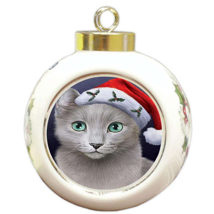 Christmas Holidays Russian Blue Cat Wearing Santa Hat Portrait Head Round Ball Christmas Ornament RBPOR53503