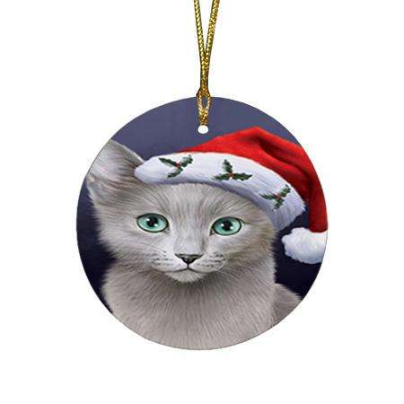 Christmas Holidays Russian Blue Cat Wearing Santa Hat Portrait Head Round Flat Christmas Ornament RFPOR53494