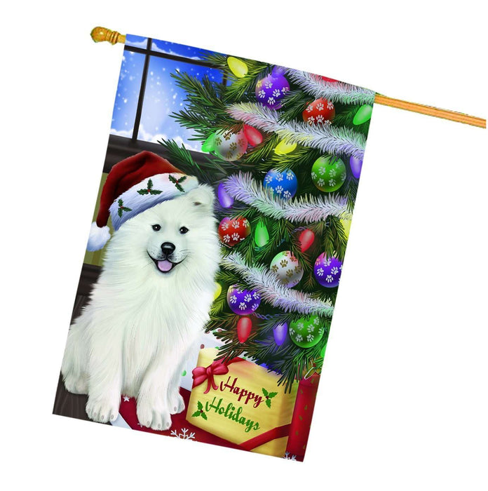 Christmas Holidays Samoyed Dog Wearing Santa Hat with Tree and Presents House Flag HFLG003
