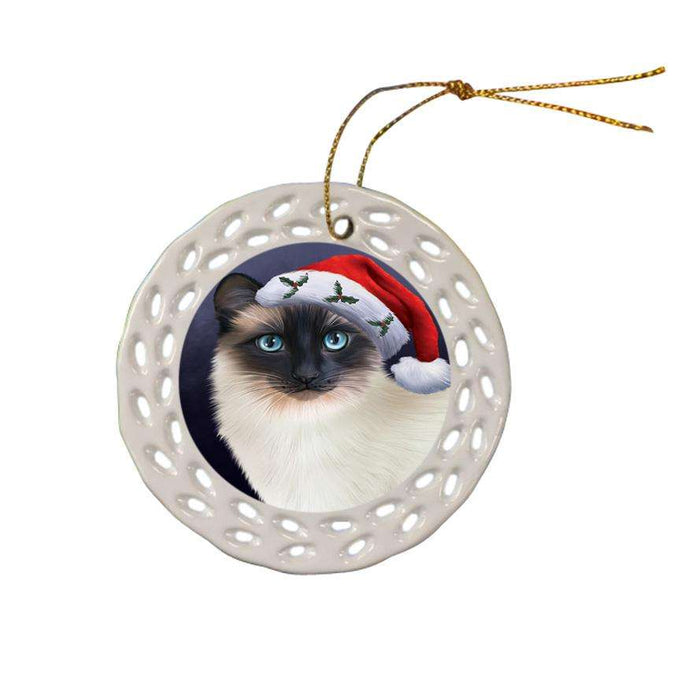 Christmas Holidays Siamese Cat Wearing Santa Hat Portrait Head Ceramic Doily Ornament DPOR53504