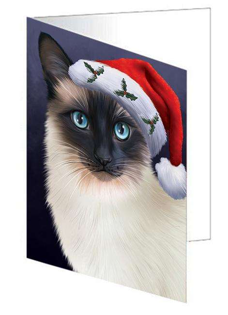 Christmas Holidays Siamese Cat Wearing Santa Hat Portrait Head Handmade Artwork Assorted Pets Greeting Cards and Note Cards with Envelopes for All Occasions and Holiday Seasons GCD64541