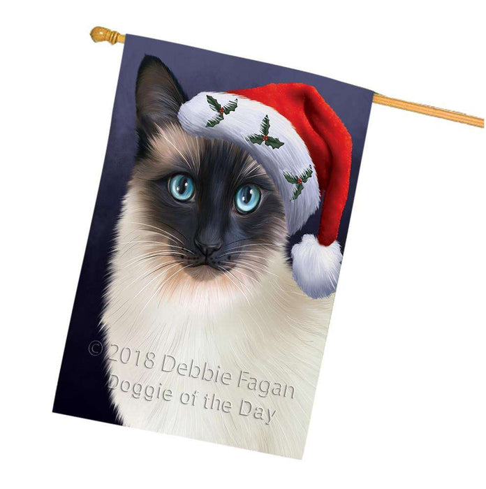 Christmas Holidays Siamese Cat Wearing Santa Hat Portrait Head House Flag FLG53702