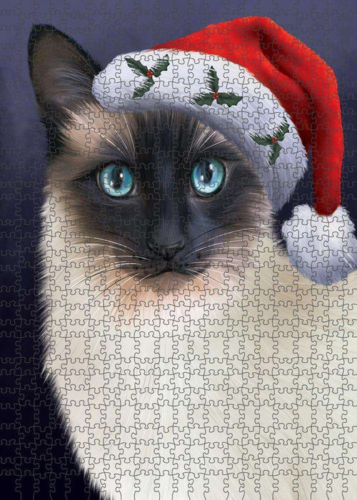 Christmas Holidays Siamese Cat Wearing Santa Hat Portrait Head Puzzle with Photo Tin PUZL81172