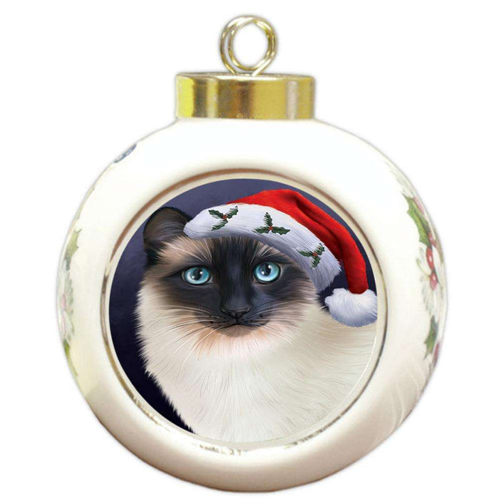Christmas Holidays Siamese Cat Wearing Santa Hat Portrait Head Round Ball Christmas Ornament RBPOR53504