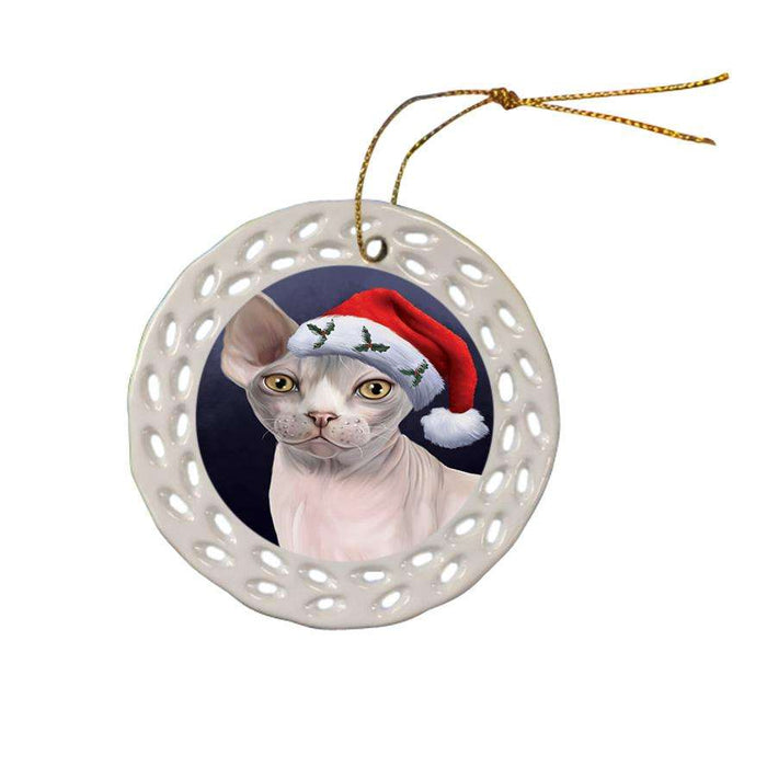 Christmas Holidays Sphynx Cat Wearing Santa Hat Portrait Head Ceramic Doily Ornament DPOR53505