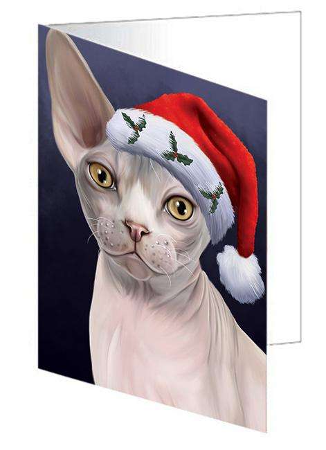 Christmas Holidays Sphynx Cat Wearing Santa Hat Portrait Head Handmade Artwork Assorted Pets Greeting Cards and Note Cards with Envelopes for All Occasions and Holiday Seasons GCD64544