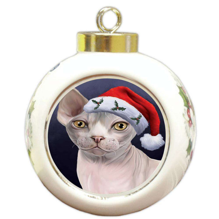 Christmas Holidays Sphynx Cat Wearing Santa Hat Portrait Head Round Ball Christmas Ornament RBPOR53505