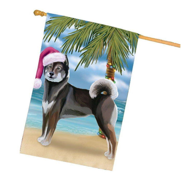 Christmas Holidays Summer Time Aiku Dog on Beach Wearing Santa Hat House Flag FLG143