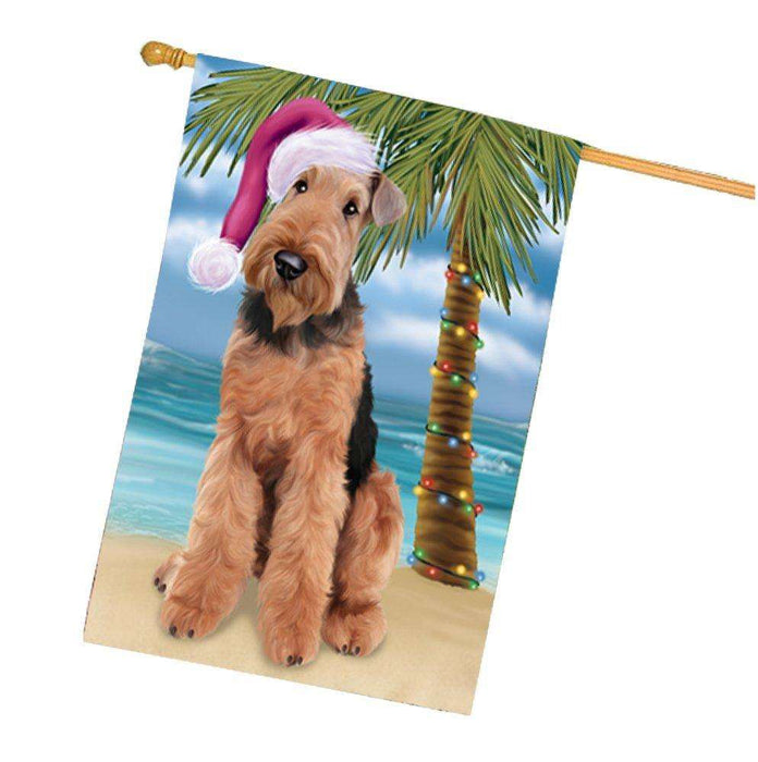 Christmas Holidays Summer Time Airedale Dog on Beach Wearing Santa Hat House Flag FLG159