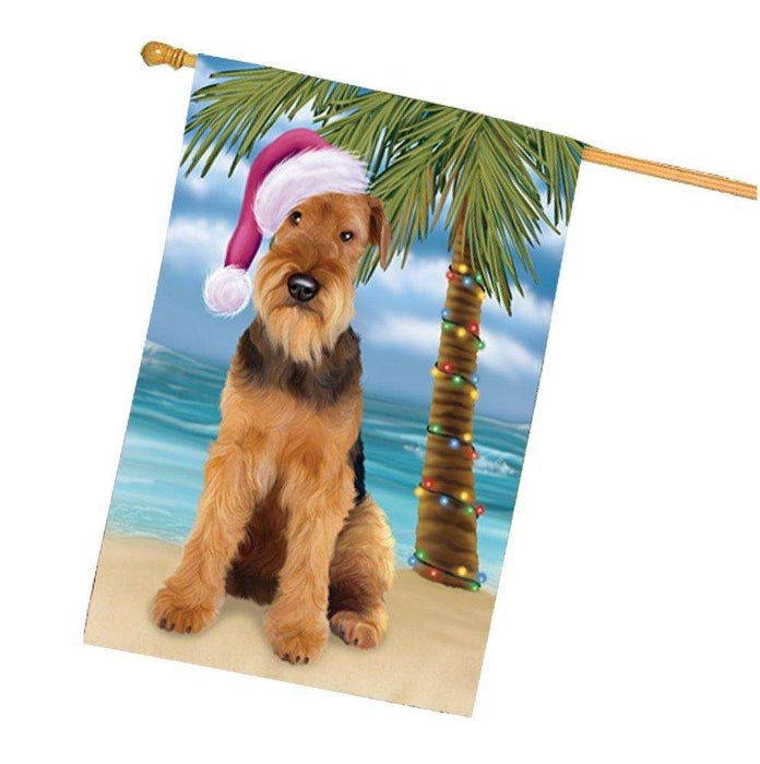 Christmas Holidays Summer Time Airedale Dog on Beach Wearing Santa Hat House Flag FLG160