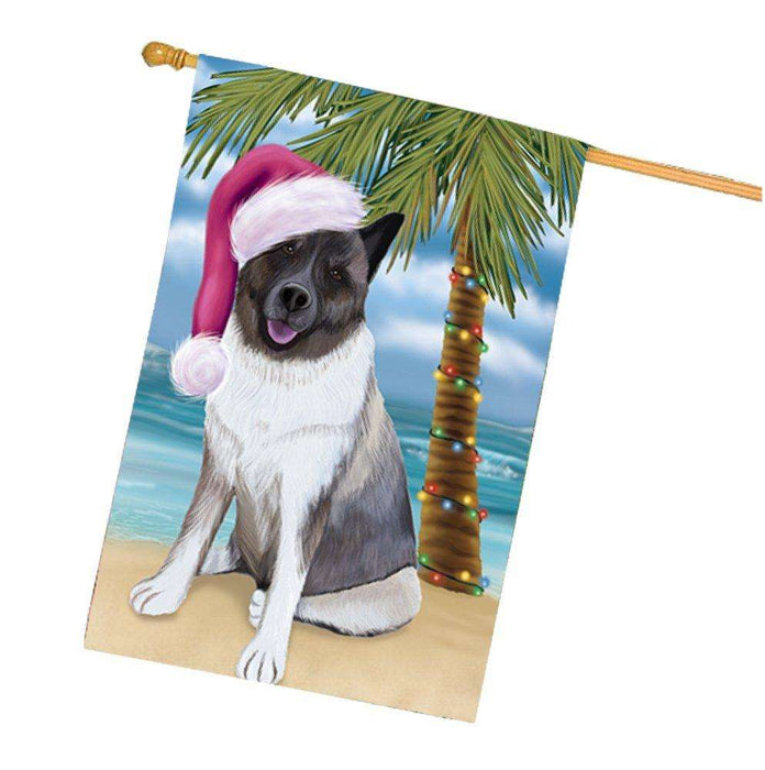 Christmas Holidays Summer Time Akita Dog on Beach Wearing Santa Hat House Flag FLG144